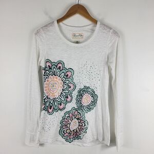 Aventura Floral Polka Dot Boho Burnout Long Sleeve Crew Neck Tee Shirt